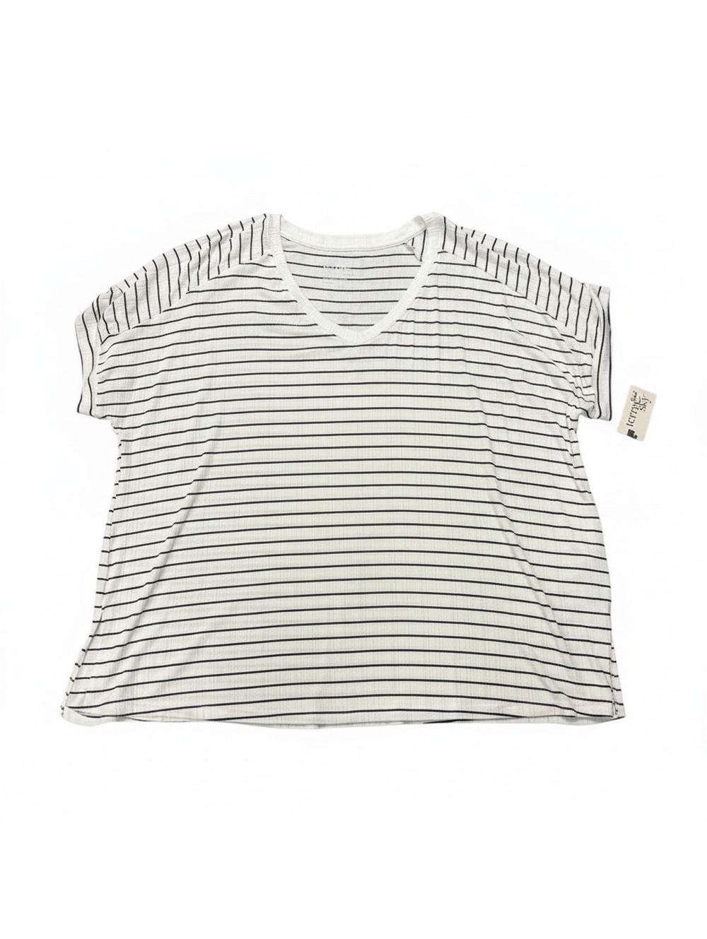 Terra & Sky Women's 2X White V-Neck Short Sleeve Top with Black Stripes